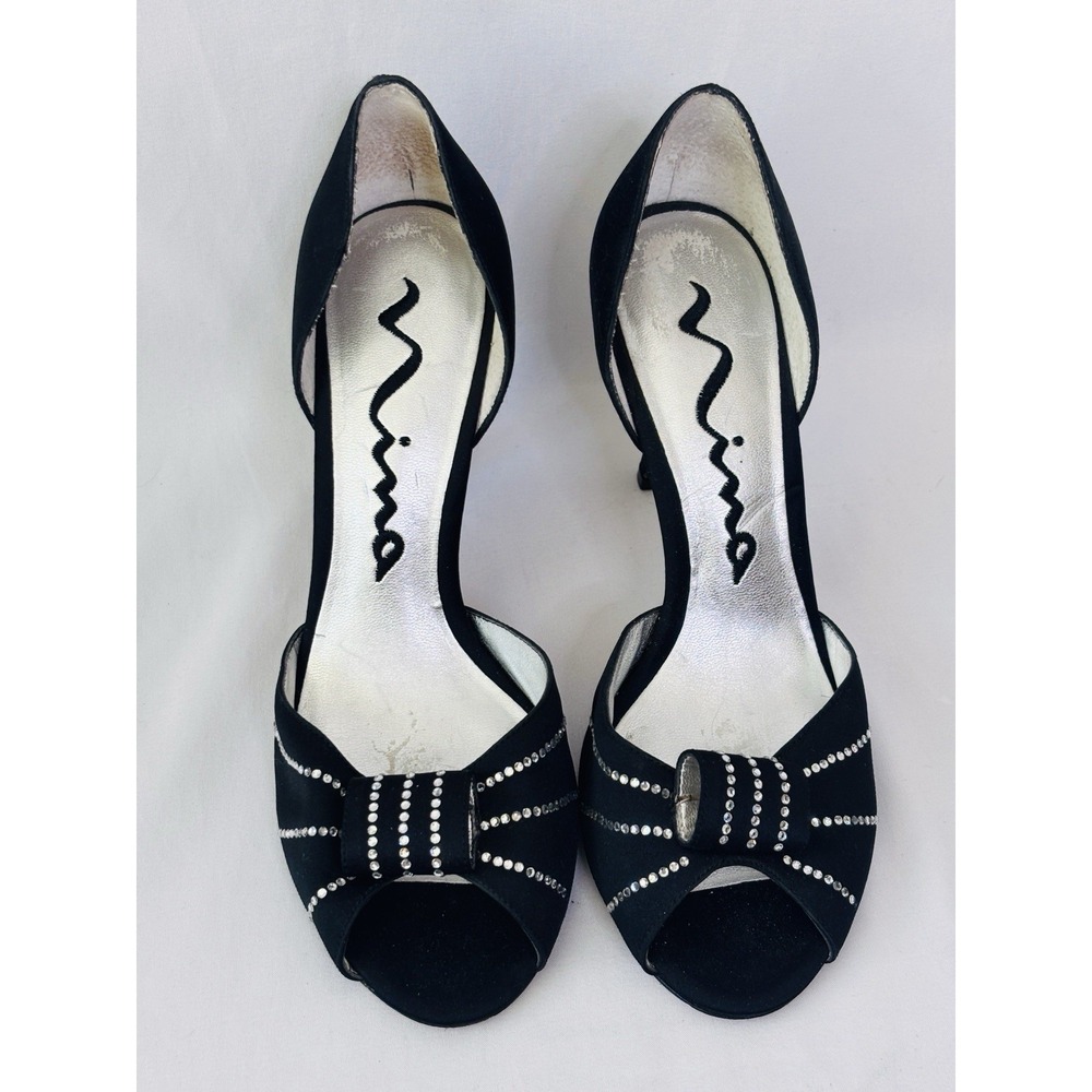 Nina Women's Black Satin and Crystal Peep Toe Bow D'Orsay Shoe Size 7